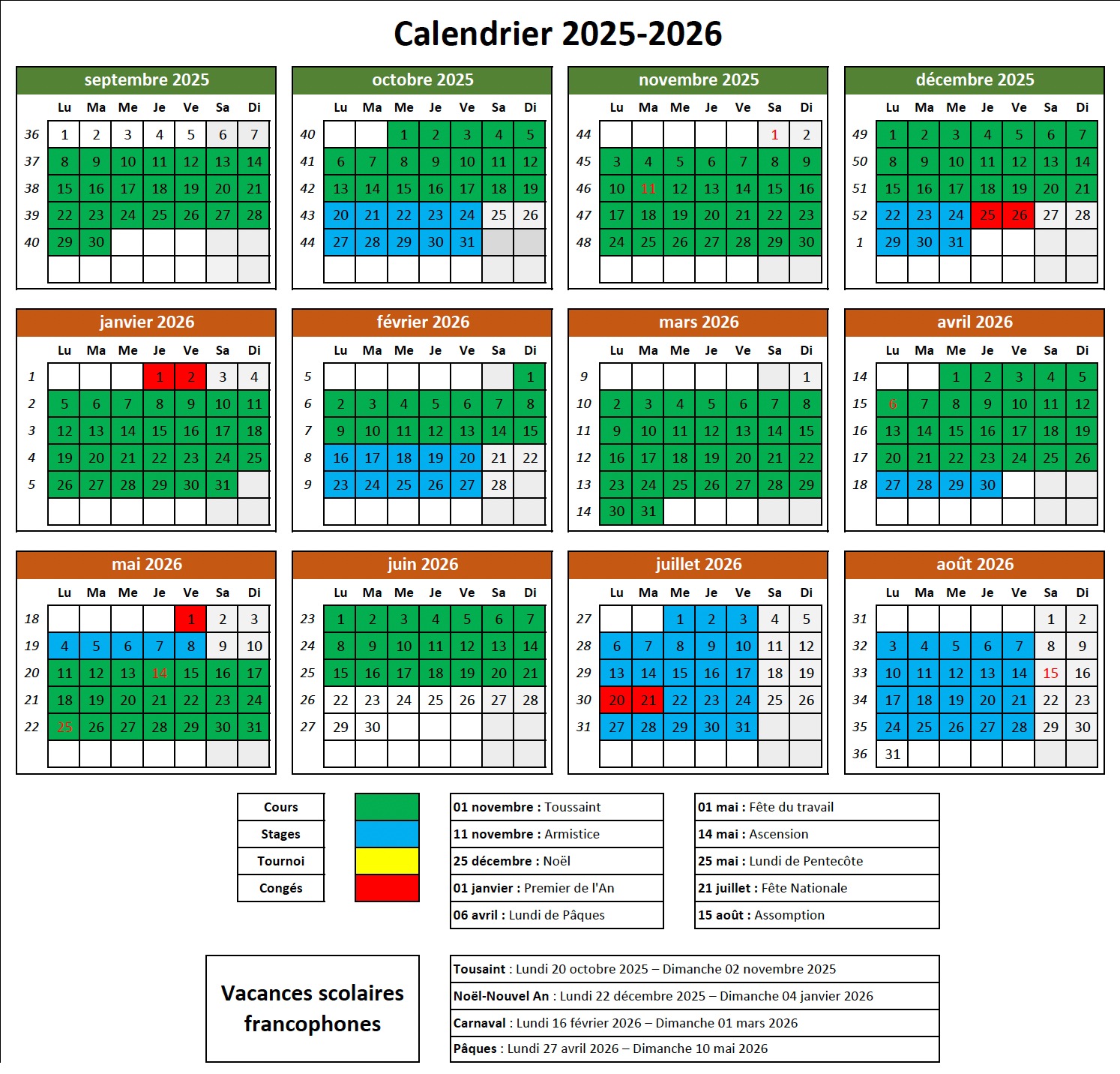 cycle 2025-2026 - Calendrier